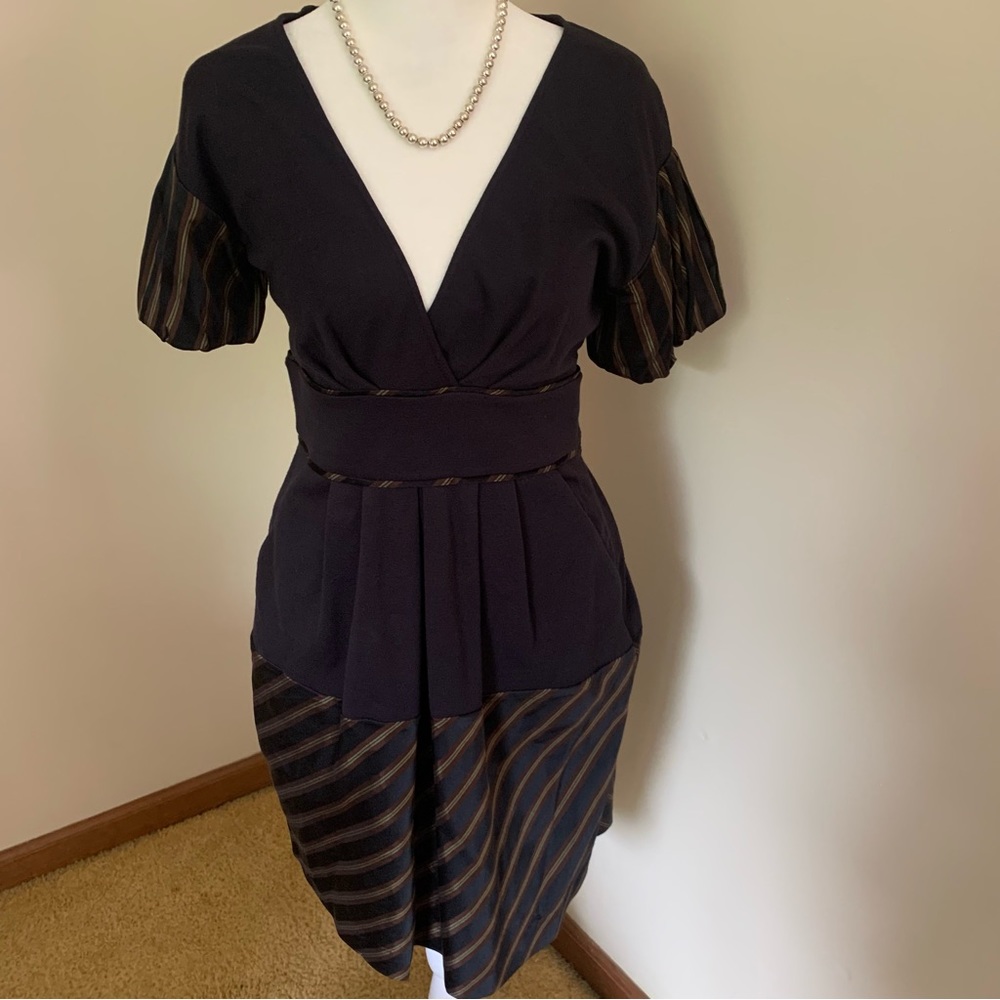 Women's Black and Brown Striped V-Neck Dress